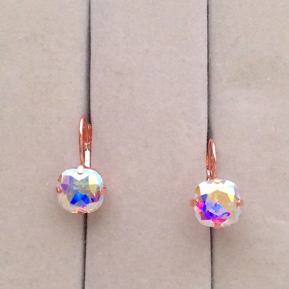 Aurora Borealis + Rose Gold Cushion Cut Crystal Drop Earrings - Picture 11 of 12